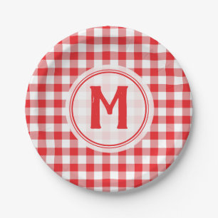 Rustic Red Gingham Family Picnic Monogrammed Paper Plate