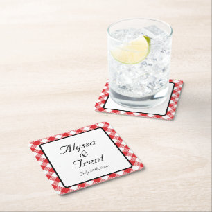 Rustic Red Gingham I DO BBQ Wedding Square Paper Coaster