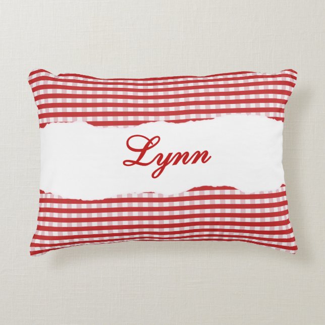Rustic Red Gingham Personalized Name Decorative Cushion (Front)