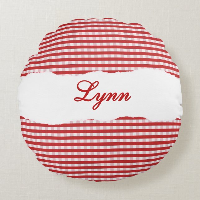 Rustic Red Gingham Personalized Name Round Cushion (Front)