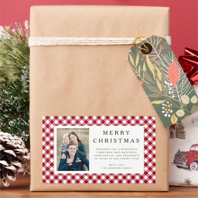 Rustic Red Gingham Photo Christmas Rectangular Sticker (Holiday)
