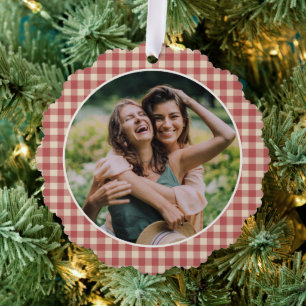 Rustic Red Gingham Photo Modern Christmas Tree Decoration Card