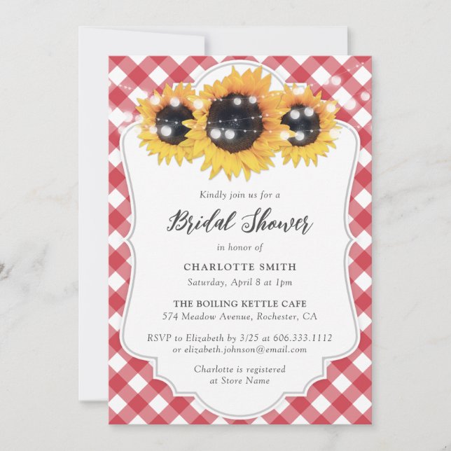 Rustic Red Gingham Sunflower Bridal Shower Invitation (Front)
