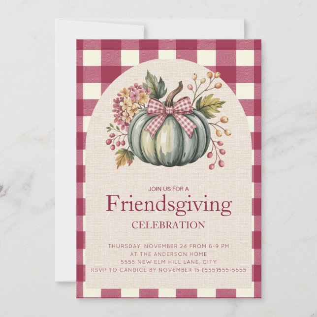 Rustic Red Gingham Teal Pumpkin Friendsgiving (Front)