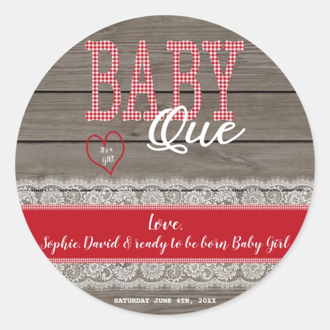 Rustic Red Gingham Wood Girl Baby Shower BBQ Classic Round Sticker (Front)