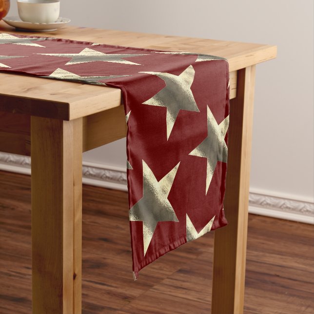 Rustic Red Gold Brown Stars Pattern Christmas Long Table Runner (In Situ)