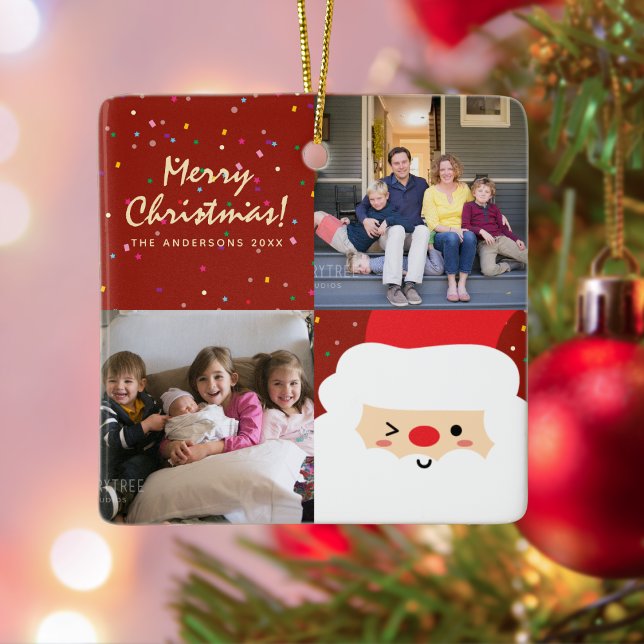 Rustic Red & Gold Christmas Santa and Family Photo Ceramic Ornament (Creator Uploaded)