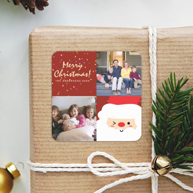 Rustic Red & Gold Christmas Santa and Family Photo Square Sticker (Creator Uploaded)
