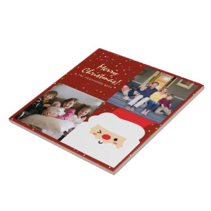 Rustic Red & Gold Christmas Santa and Family Photo Tile