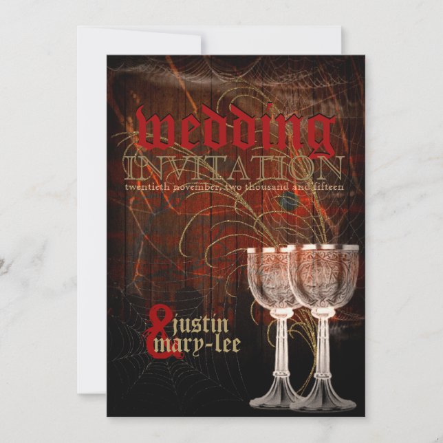  Rustic Red Gold Gothic Halloween Wedding Invitation (Front)