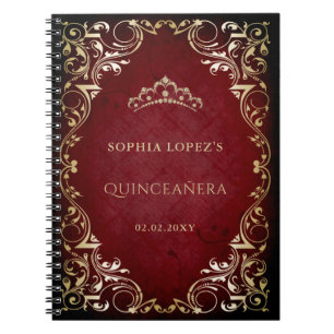Rustic Red Gold Princess Tiara Quinceanera Notebook