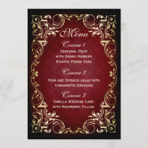 rustic red gold regal wedding menu