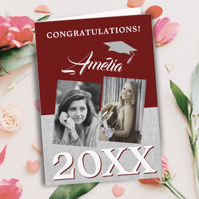 Rustic Red Graduate 2 Photo Graduation  Card (Creator Uploaded)