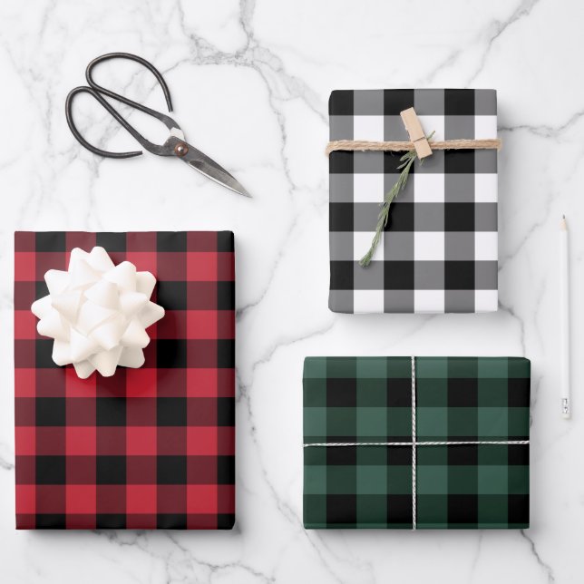 Rustic Red Green and Black Buffalo Plaid Christmas Wrapping Paper Sheet (Front)