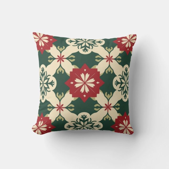 Rustic Red, green and cream Christmas Throw Pillow (Front)