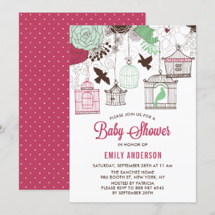 Rustic Red & Green Bird Cages Floral Baby Shower Invitation