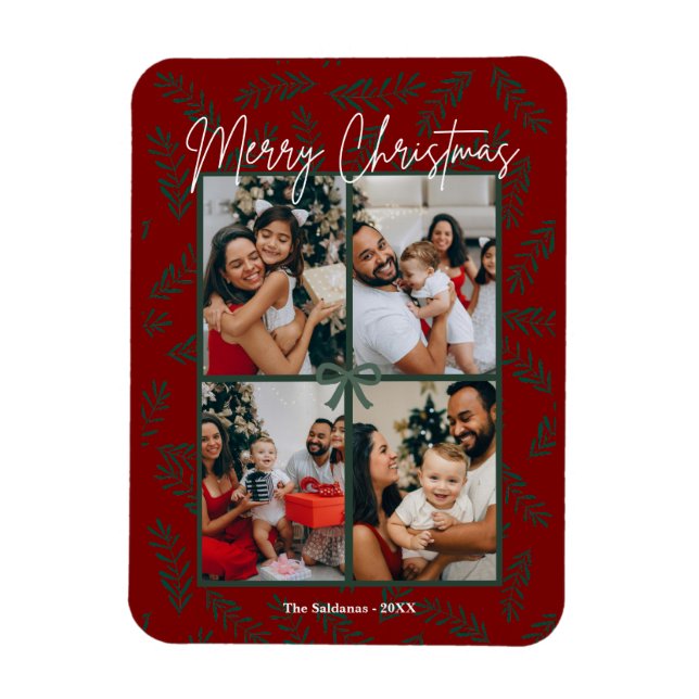 Rustic Red Green Christmas Photo Collage Card  Magnet (Vertical)