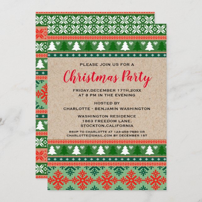 Rustic Red & Green Christmas Ugly Sweater Party Invitation (Front/Back)