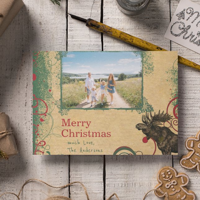 Rustic Red Green Family Christmas Photo  Holiday Postcard (Creator Uploaded)