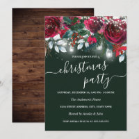 Rustic Red Green Floral Sparkle Christmas Party