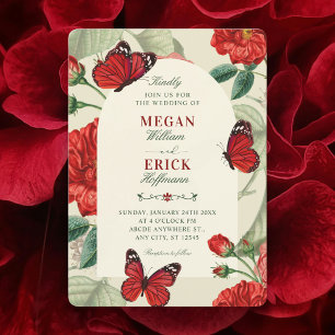 Rustic red green floral wedding invitation