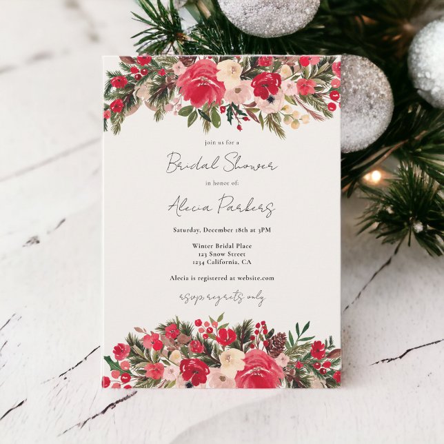 Rustic Red green Floral Winter Bridal shower Invitation (Rustic Red green Floral Winter Bridal shower Invitation)