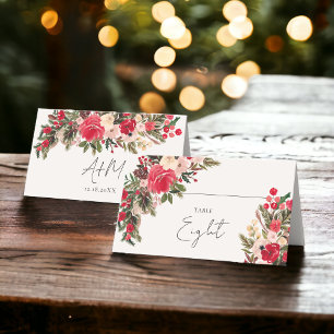 Rustic Red green Floral Winter Wedding Place Card