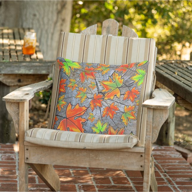Rustic  red green orange tree bark maple leaves cushion (Chair)