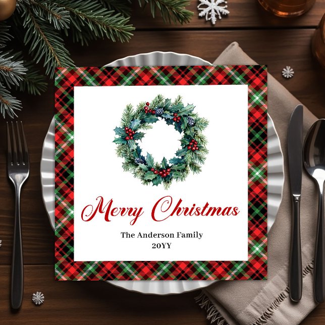 Rustic Red Green Plaid Christmas Wreath Napkins (Rustic Red Green Plaid Christmas Wreath Napkins)