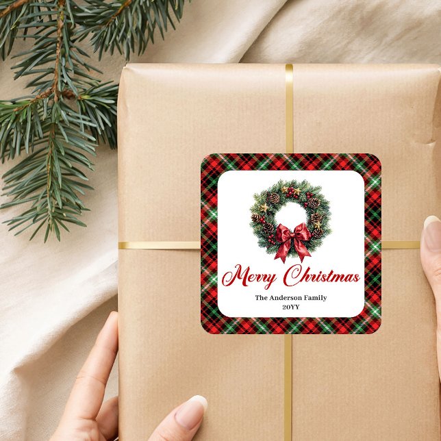 Rustic Red Green Plaid Christmas Wreath Sticker  (Rustic Red Green Plaid Christmas Wreath Sticker Set)