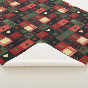 Rustic Red Green Plaid Hearts Christmas Holiday Sherpa Blanket