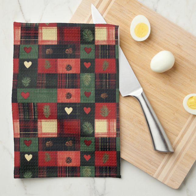 Rustic Red Green Plaid Hearts Christmas Holiday Tea Towel (Quarter Fold)