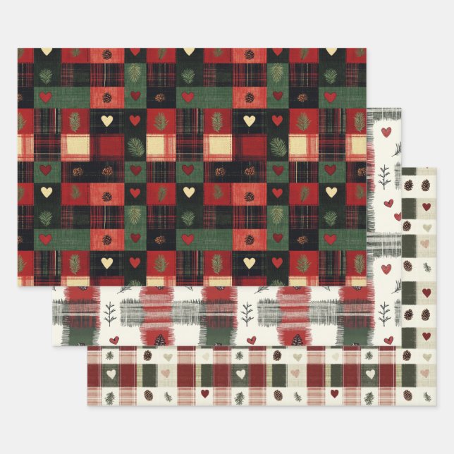 Rustic Red Green Plaid Hearts Christmas Holiday Wrapping Paper Sheet (Set)