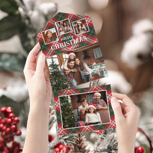Rustic Red/Green Plaid Merry Christmas 4-Photo All In One Invitation