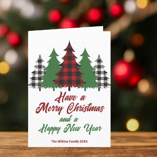 Rustic Red Green Plaid Trees Christmas Letter Holiday Card