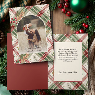 Rustic Red Green Plaid w/Holly Arch 1 Photo Holiday Card