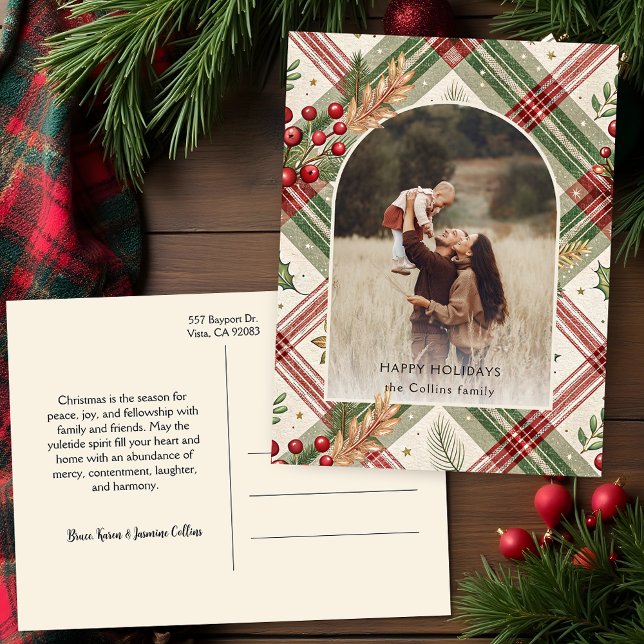 Rustic Red Green Plaid w/Holly Arch 1 Photo Holiday Postcard (Creator Uploaded)