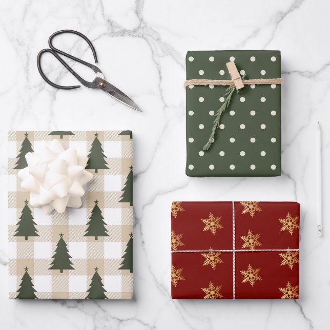 Rustic Red Green Snowflake Christmas Tree Wrapping Wrapping Paper Sheet (Front)