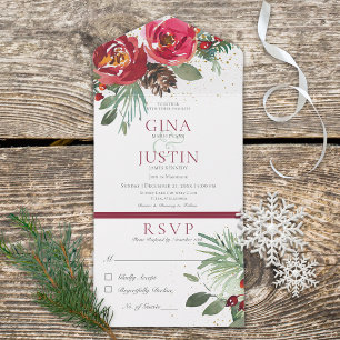 Rustic Red & Green Winter Pine Floral Dinner All In One Invitation