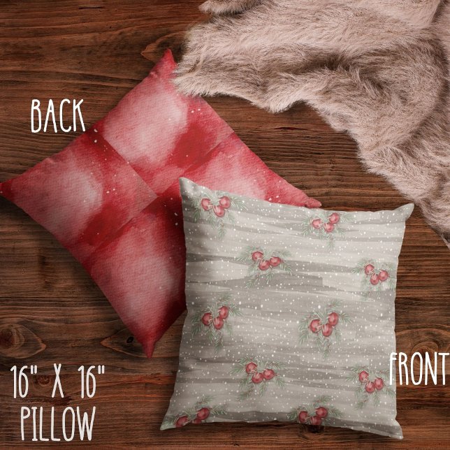 Rustic Red Grey Snowy Berries Botanical Christmas Cushion (Creator Uploaded)