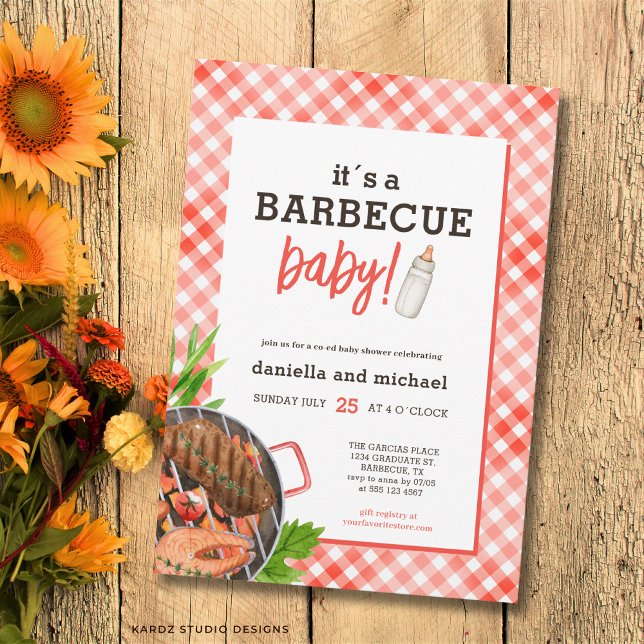 Rustic Red Grill Barbecue Baby Shower Invitation (Front of the invitation shown in 5x7-inch. Choose size, paper, and corner style.)
