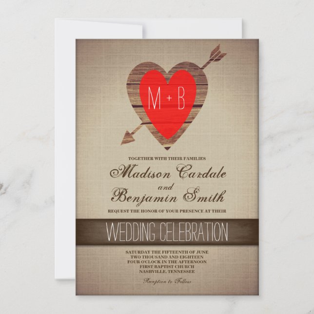 Rustic Red Heart Arrow Country Wedding Invites (Front)