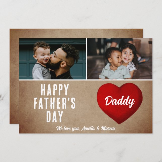 Rustic Red Heart Happy Father's Day Daddy 2 Photo Card (Front/Back)