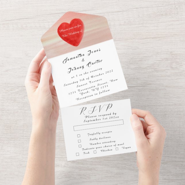 Rustic Red Heart Minimalist Simple Wedding Script All In One Invitation (Tearaway)