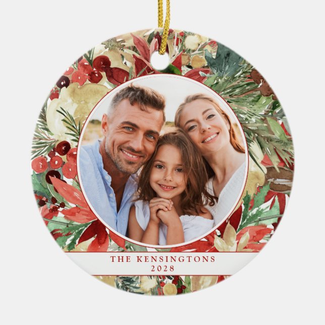 Rustic Red Holiday Floral Christmas Photo Ceramic  Ceramic Tree Decoration (Front)