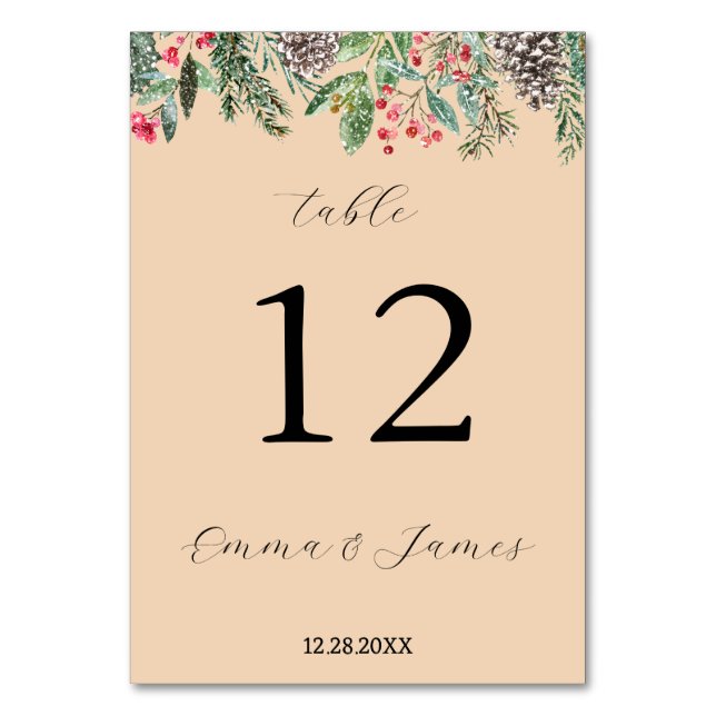 Rustic red holly and fir cone table number (Front)