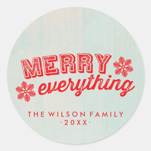 Rustic Red & Ice Blue Merry Everything Classic Round Sticker (Front)