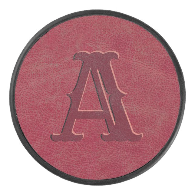 Rustic Red Leather Texture Monogram Initial Hockey Puck (Front)