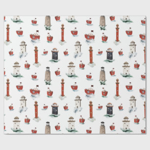 Rustic Red Lighthouses Boats In Stormy Seas 3 Wrapping Paper