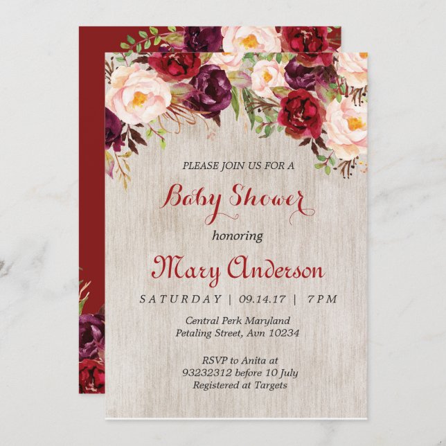 Rustic Red Marsala Baby Shower Invitation (Front/Back)